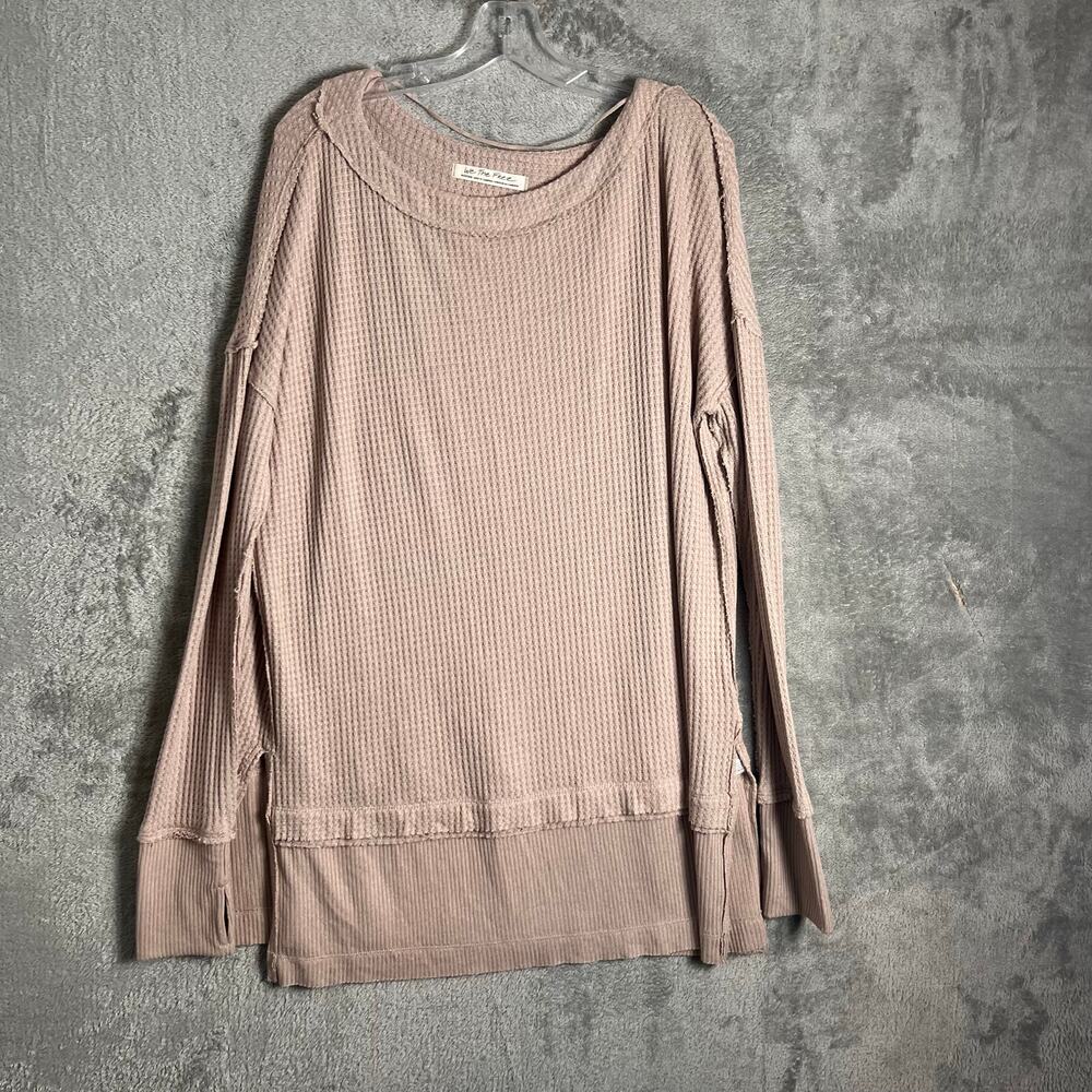 Free People North Shore Thermal Tunic Slouchy Beige Thumbholes Medium Oversized‎